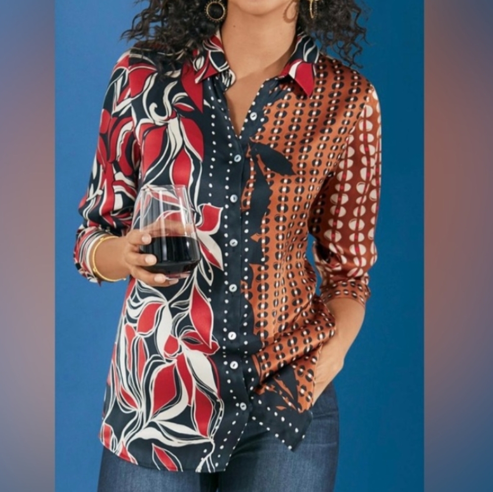 Soft Surroundings Medium Tigris 100% Silk blouse Mixed Print Art Artsy Chic